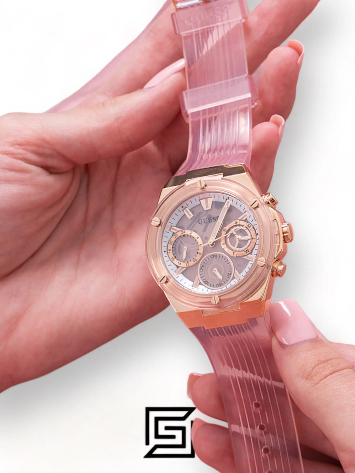 Guess original-watches Women's Pink Dial PU Multi-Function Watch GW0409L3