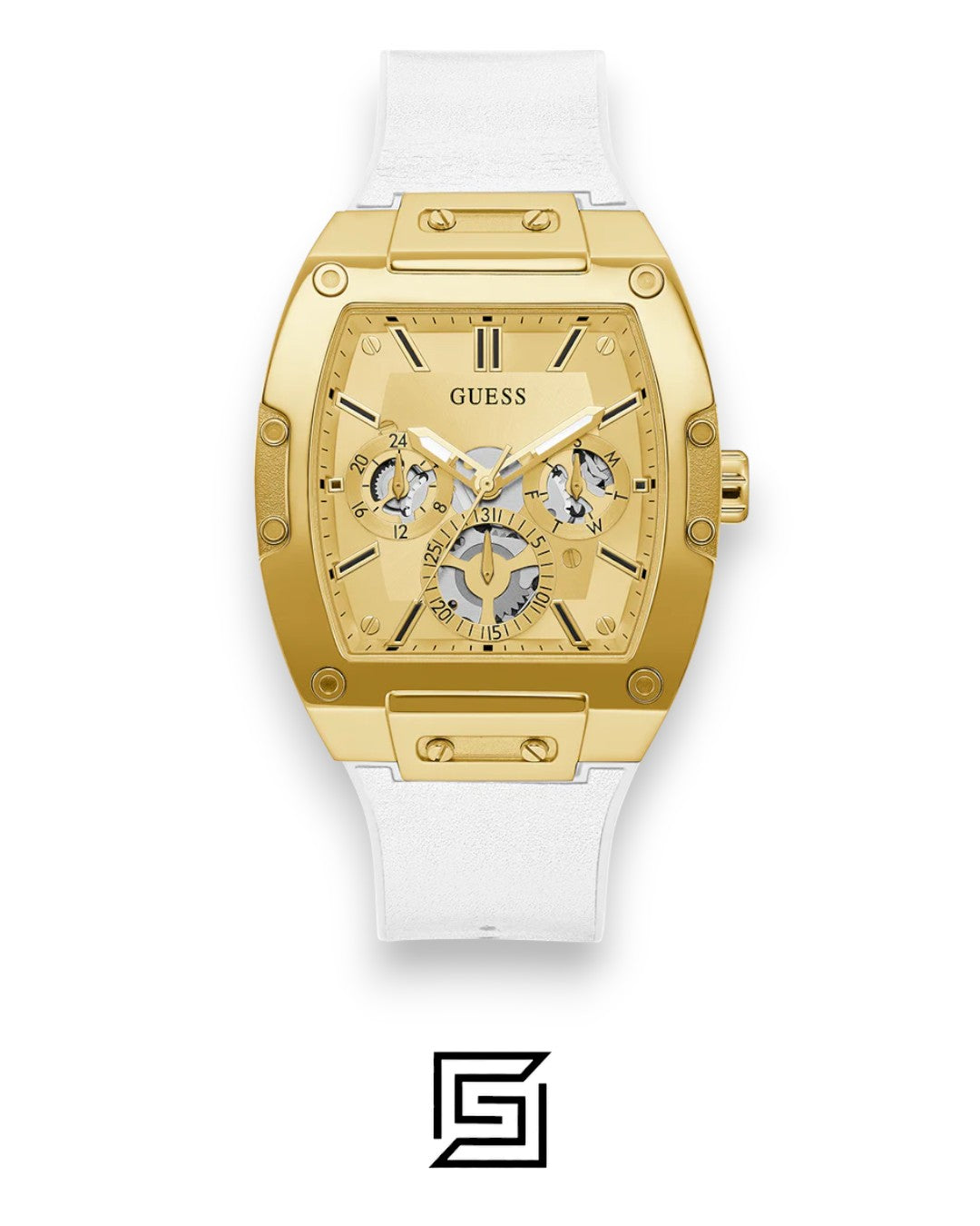 GUESS MEN Gold TONE Analog WHITE BAND Watch -GW0202G6