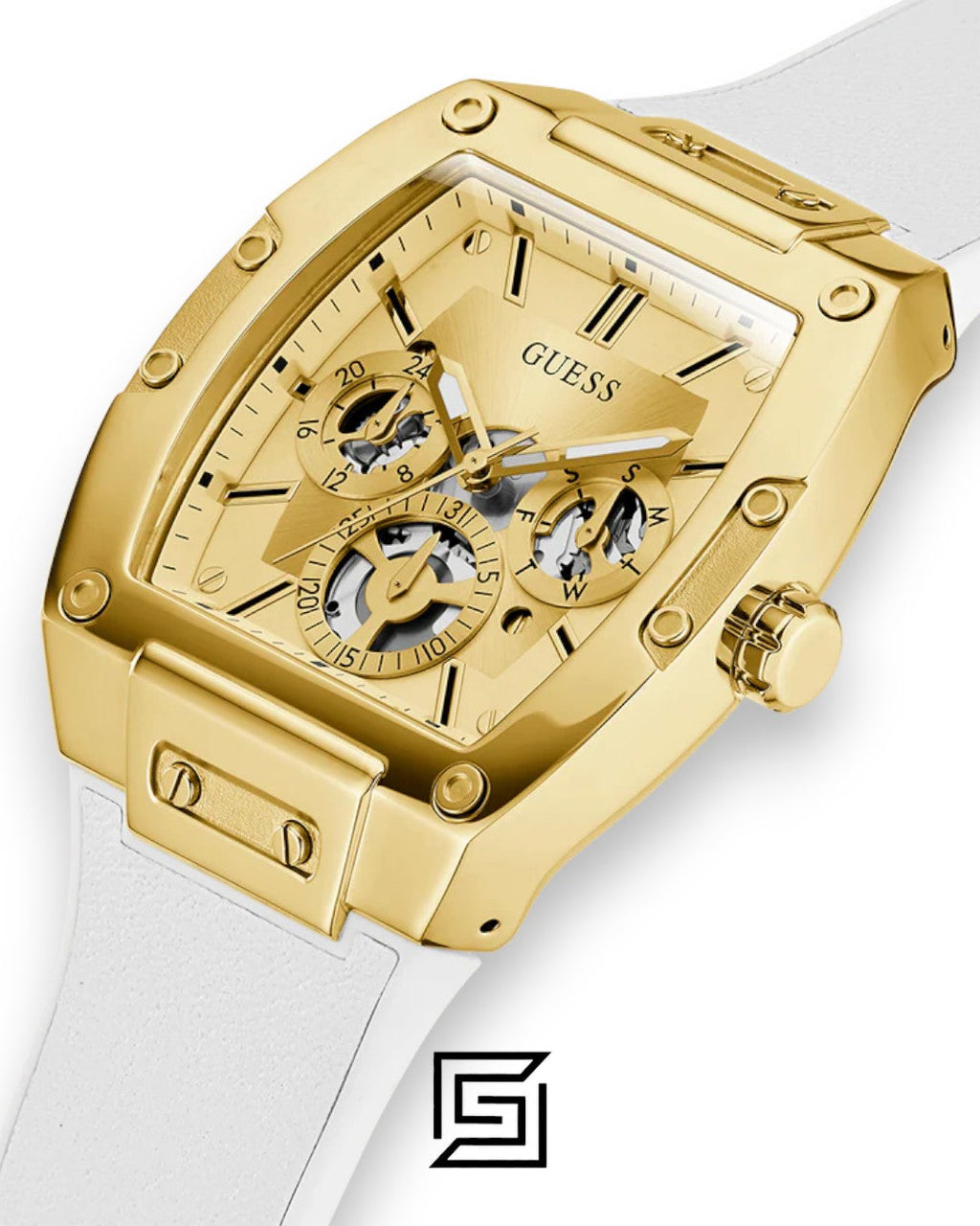 GUESS MEN Gold TONE Analog WHITE BAND Watch -GW0202G6