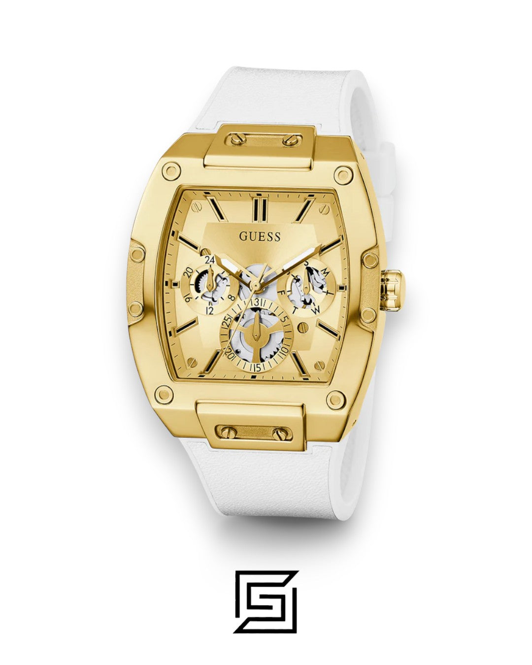 GUESS MEN Gold TONE Analog WHITE BAND Watch -GW0202G6