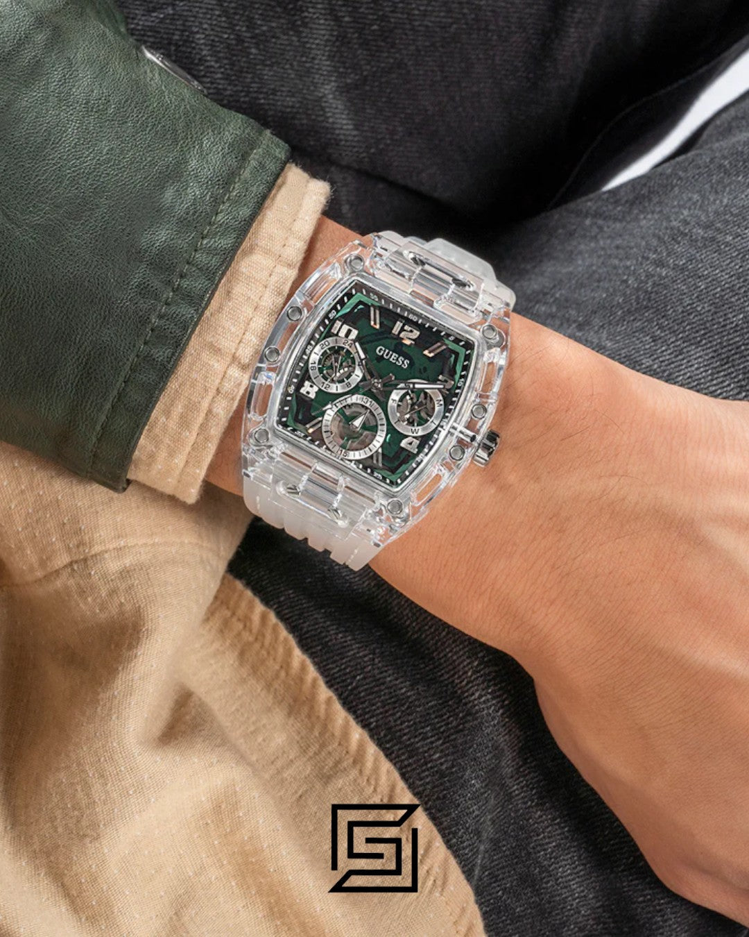 GUESS MEN TRANSPARENT TONE Analog TRANSPARENT BAND Watch -GW0499G8