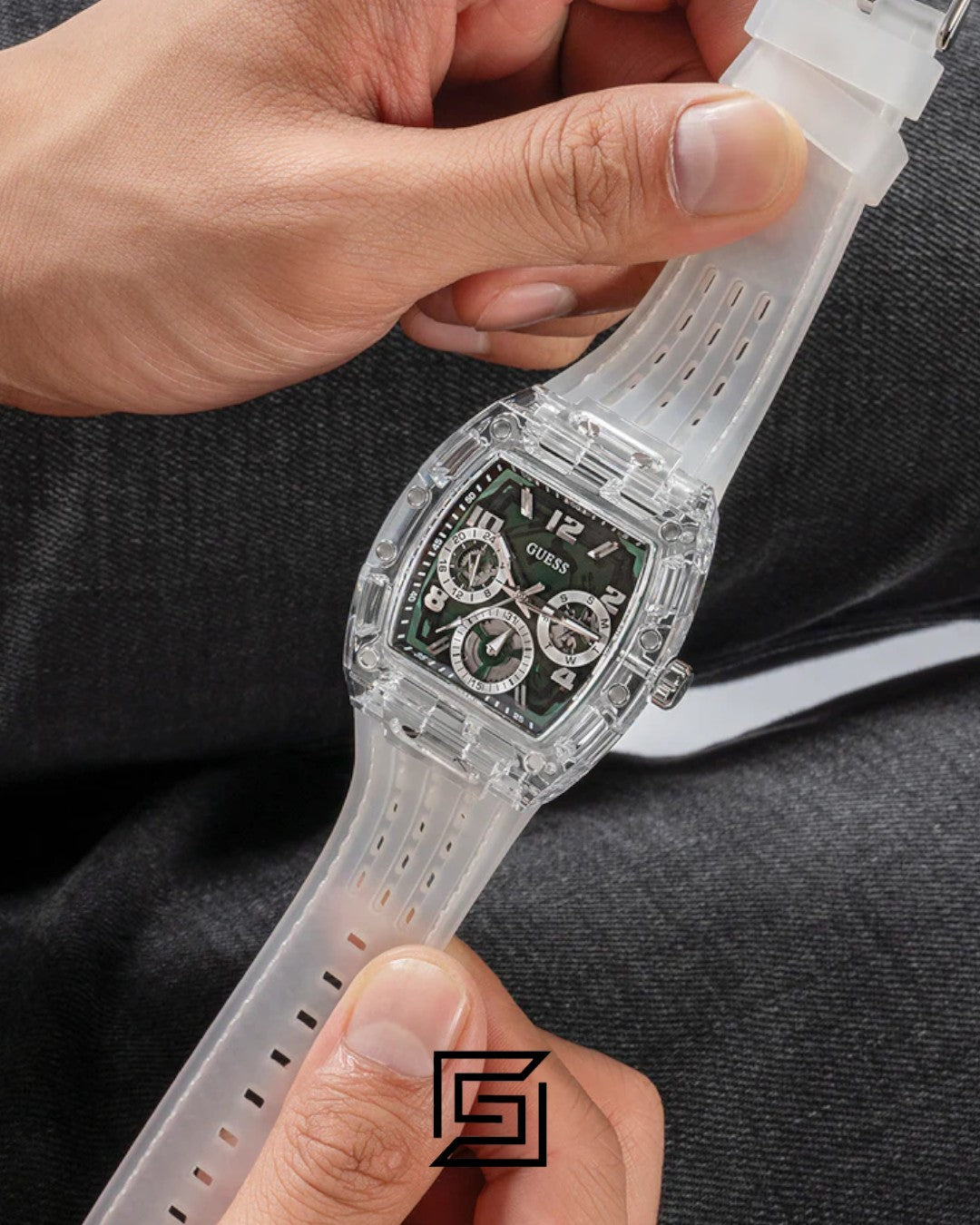 GUESS MEN TRANSPARENT TONE Analog TRANSPARENT BAND Watch -GW0499G8