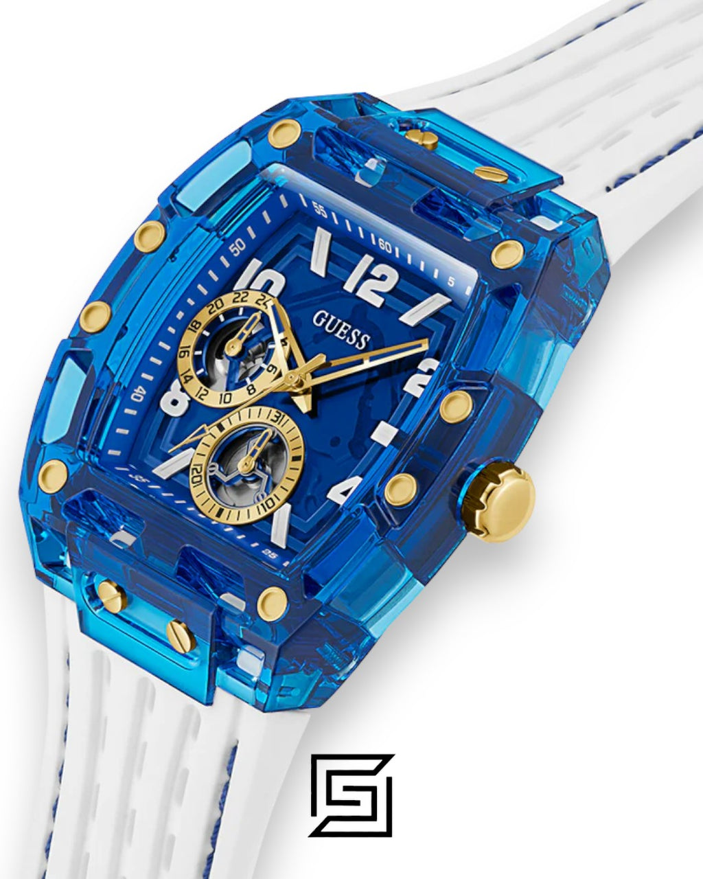 GUESS MEN BLUE Tone Analog RABERR WHITE BAND Watch - GW0499G6