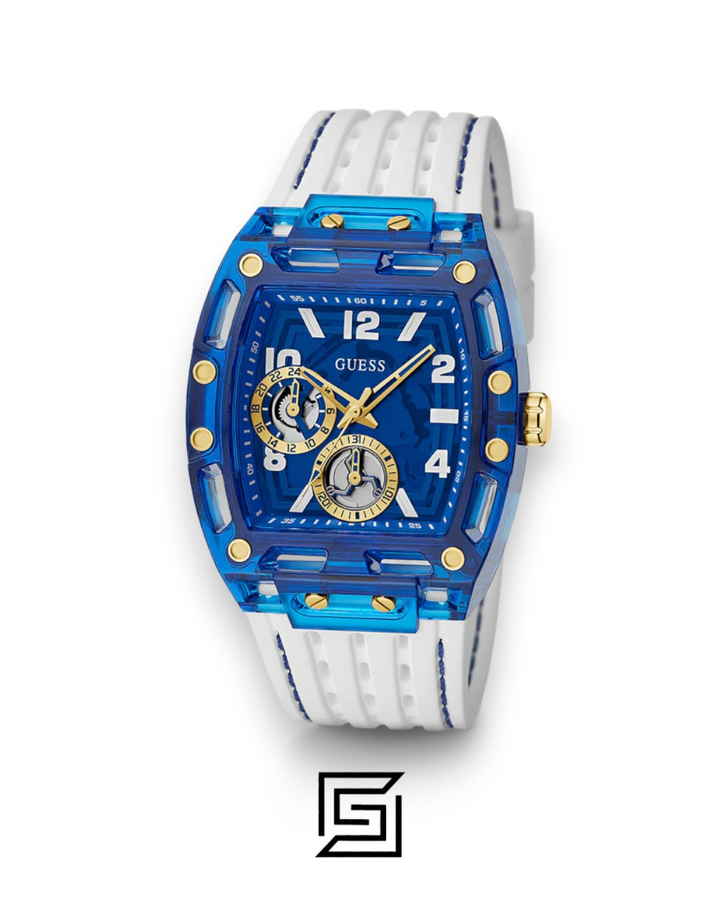 GUESS MEN BLUE Tone Analog RABERR WHITE BAND Watch - GW0499G6