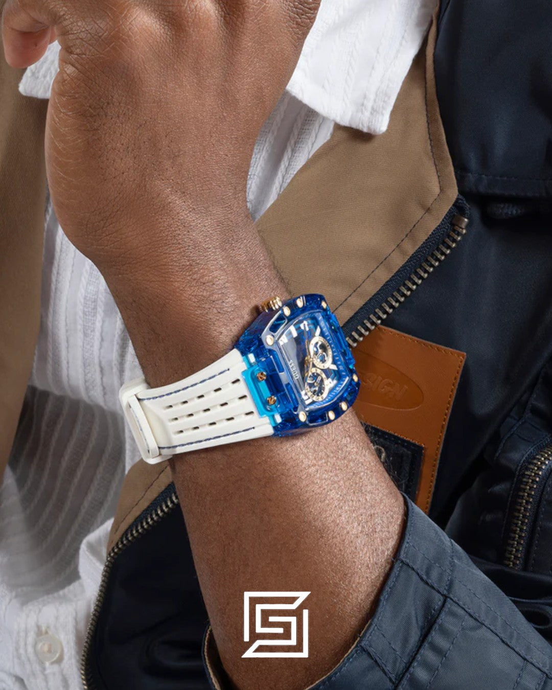 GUESS MEN BLUE Tone Analog RABERR WHITE BAND Watch - GW0499G6