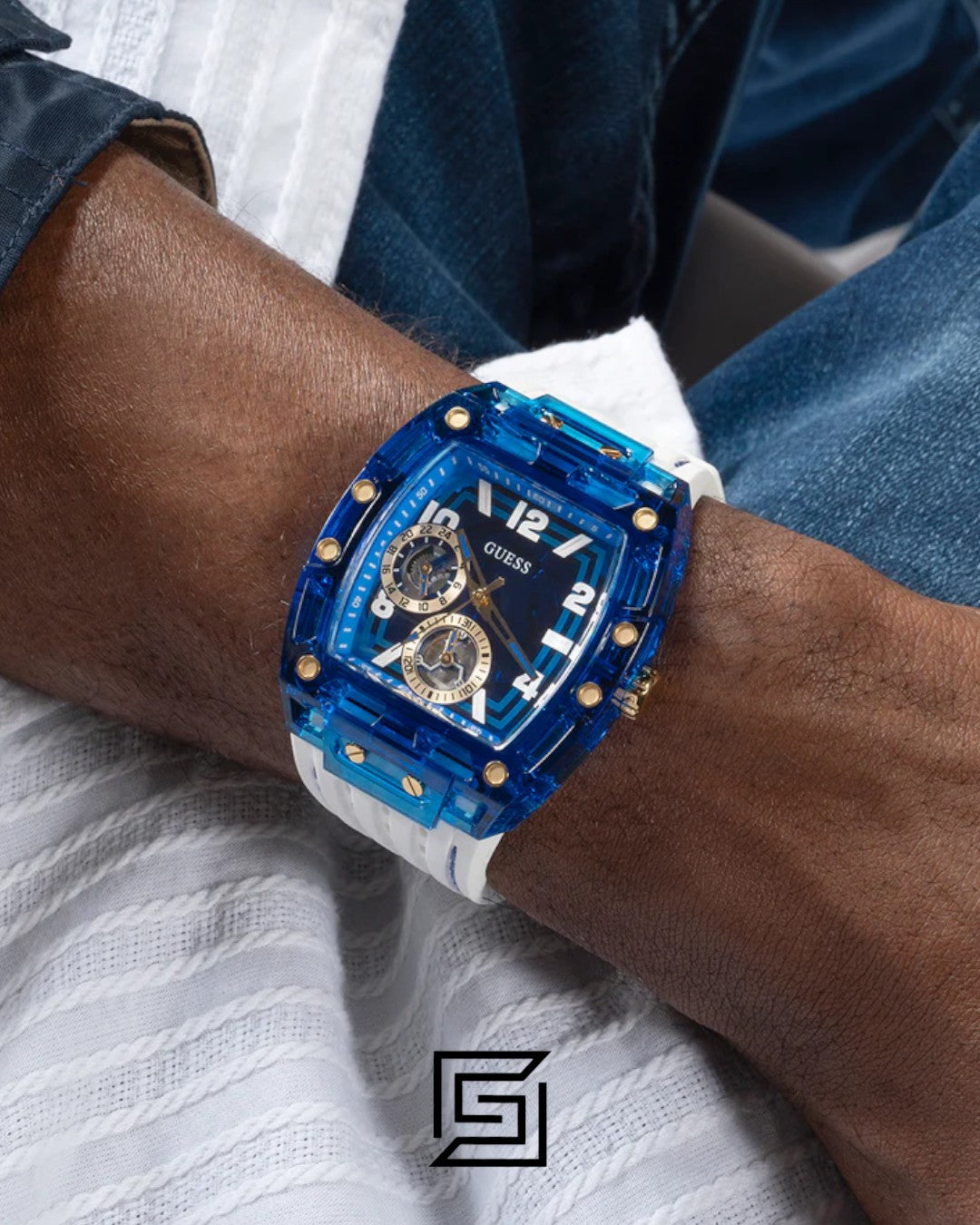 GUESS MEN BLUE Tone Analog RABERR WHITE BAND Watch - GW0499G6