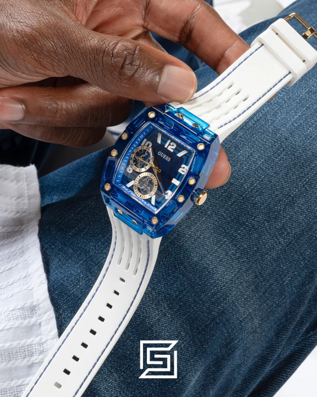GUESS MEN BLUE Tone Analog RABERR WHITE BAND Watch - GW0499G6