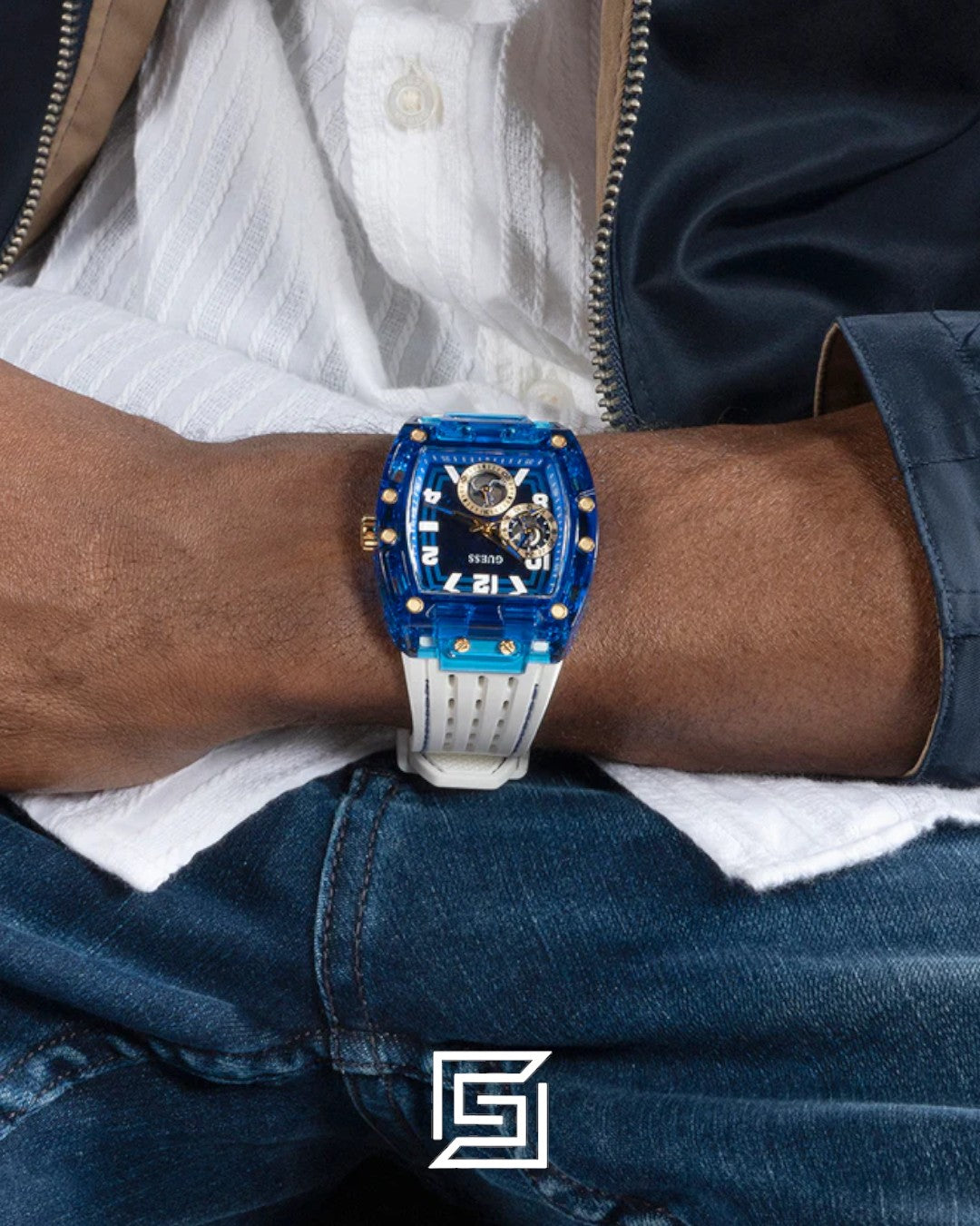 GUESS MEN BLUE Tone Analog RABERR WHITE BAND Watch - GW0499G6