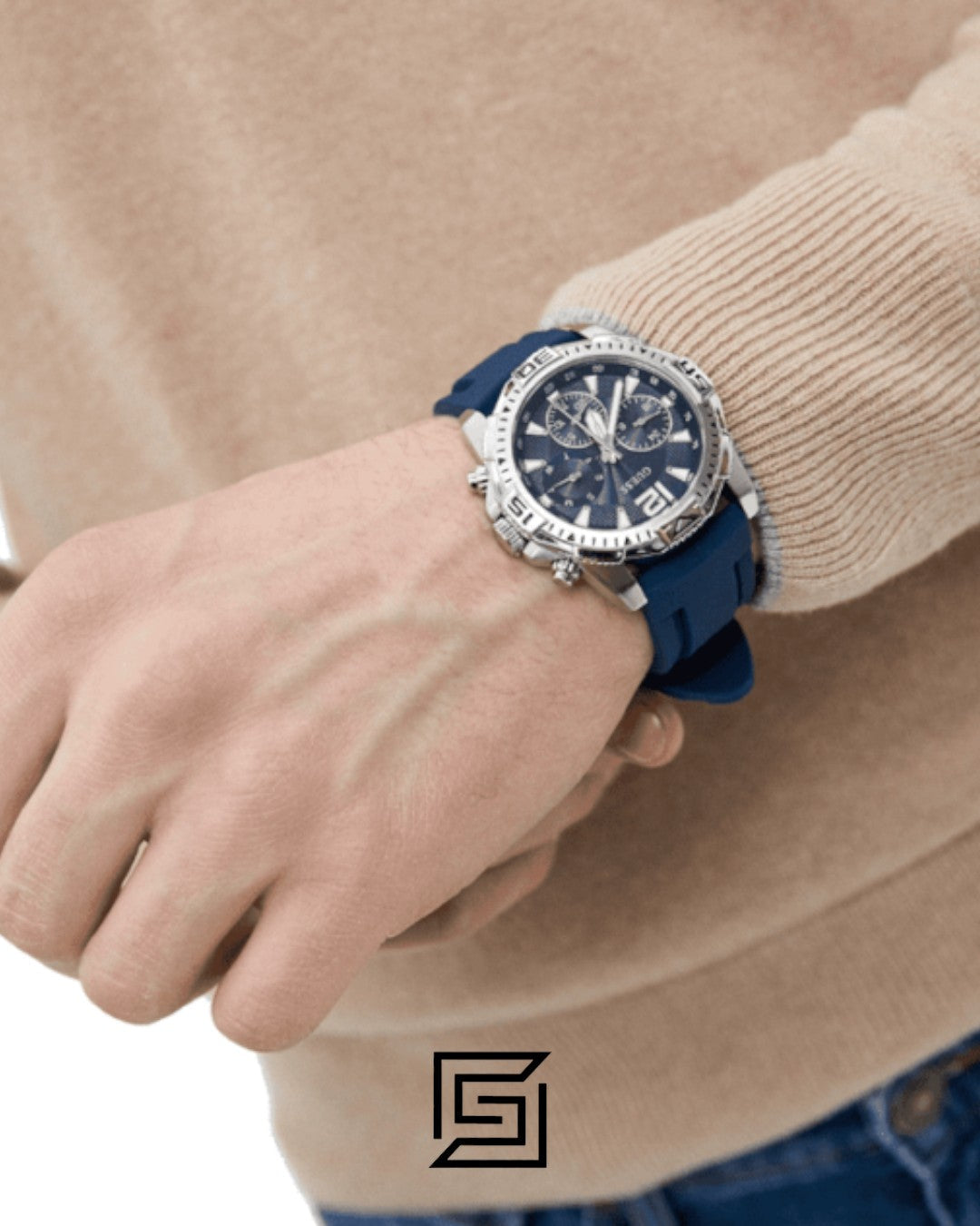 GUESS MEN SILVER Tone Analog Band Color BLUE WATCH GW0211G1
