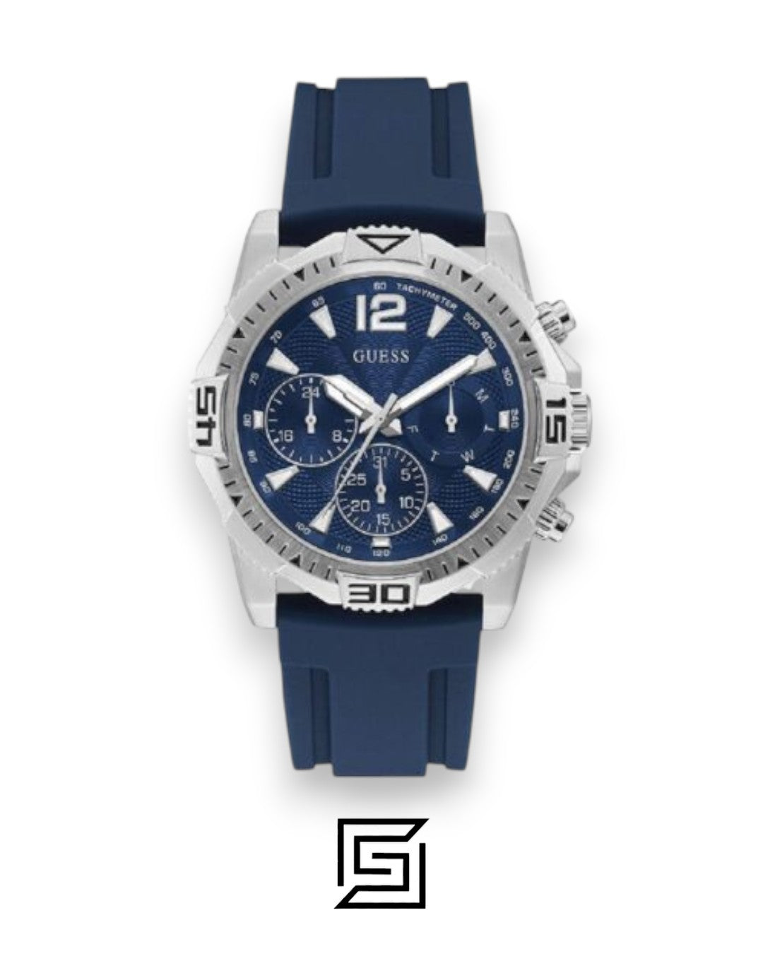 GUESS MEN SILVER Tone Analog Band Color BLUE WATCH GW0211G1