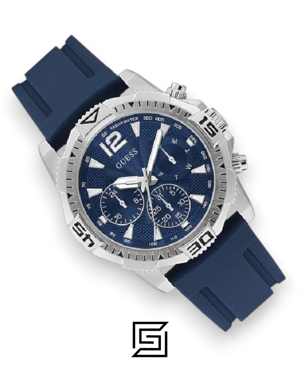 GUESS MEN SILVER Tone Analog Band Color BLUE WATCH GW0211G1