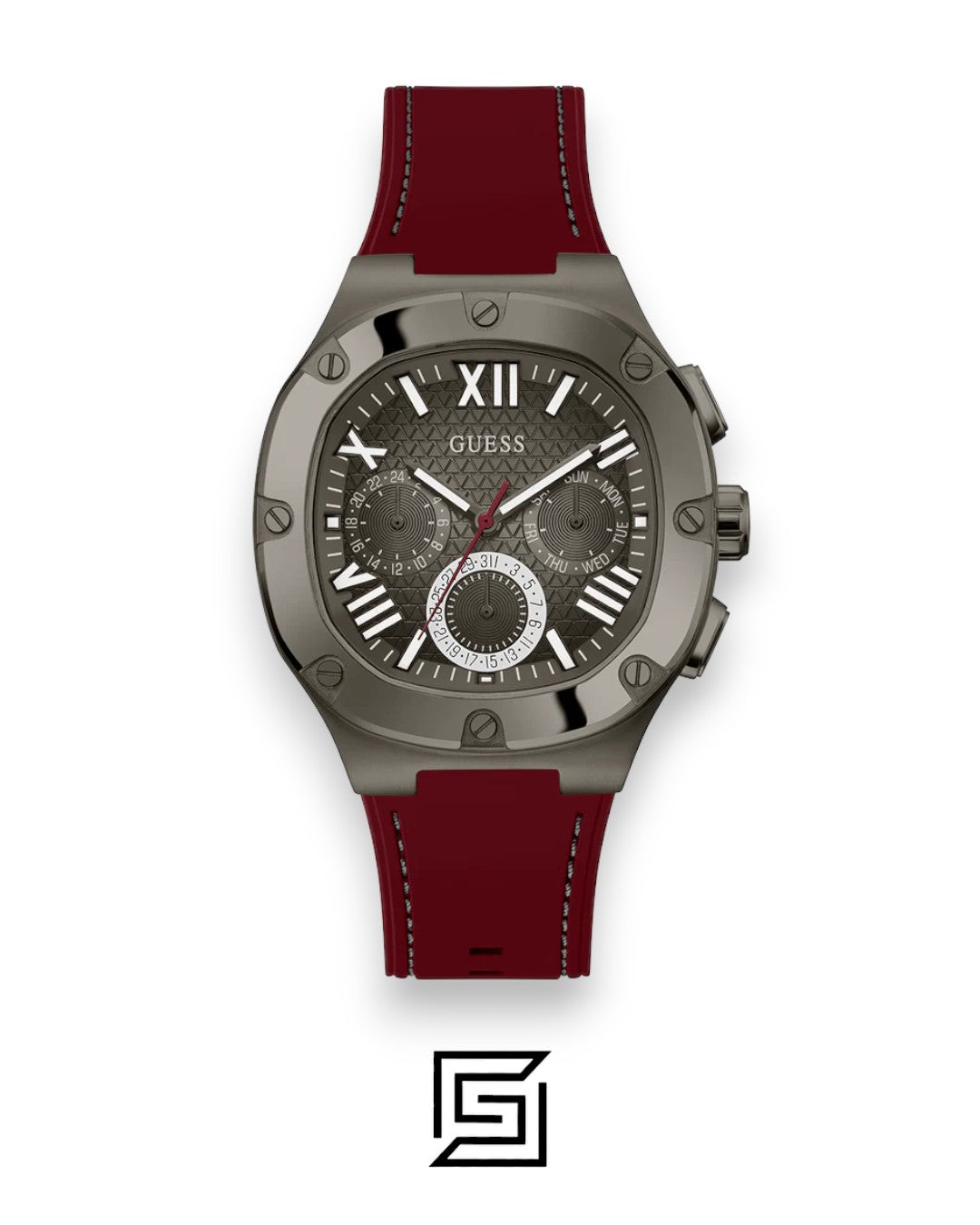 GUESS MEN GUN Tone Analog Band Color MAROON WATCH GW0571G4