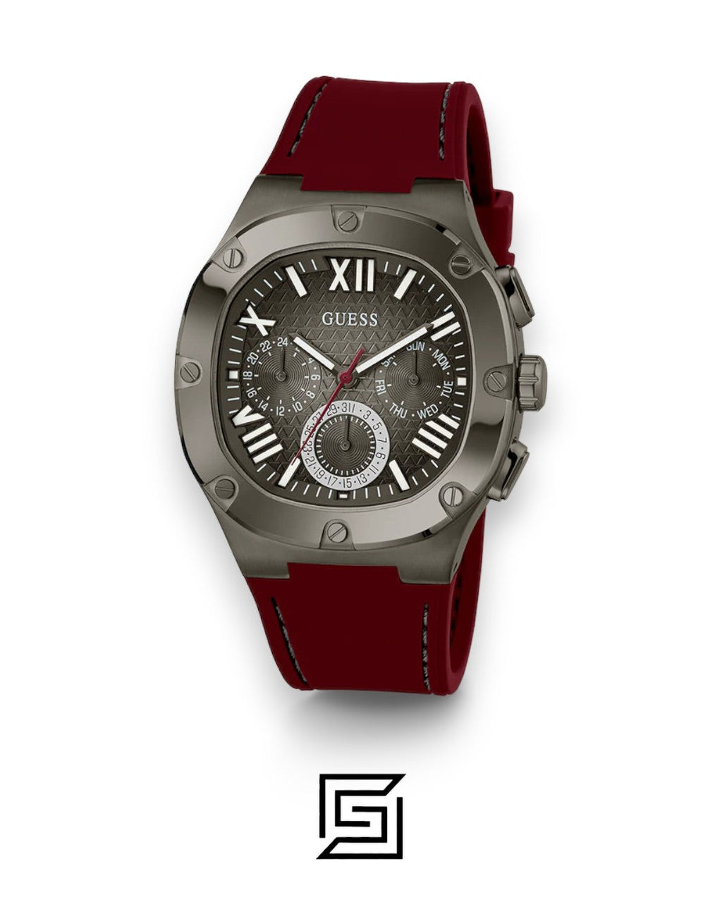 GUESS MEN GUN Tone Analog Band Color MAROON WATCH GW0571G4