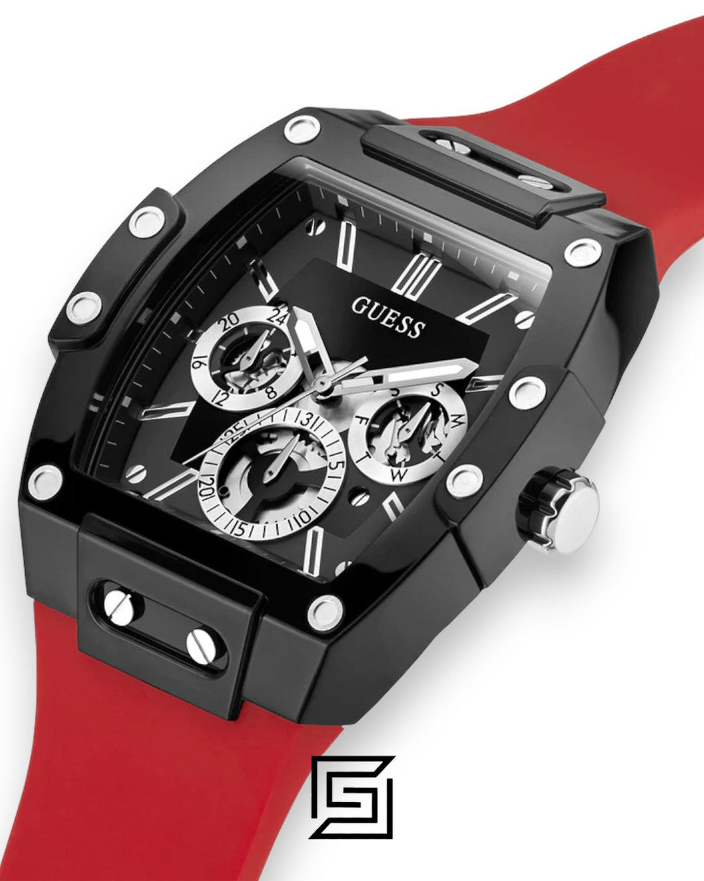 GUESS MEN BLACK Tone Analog Band Color Red WATCH GW0203G4