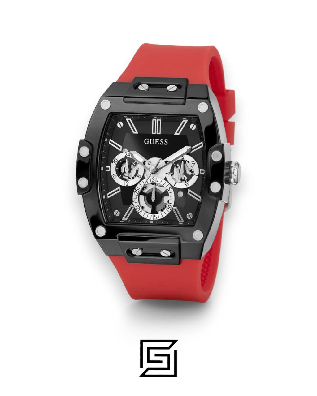 GUESS MEN BLACK Tone Analog Band Color Red WATCH GW0203G4