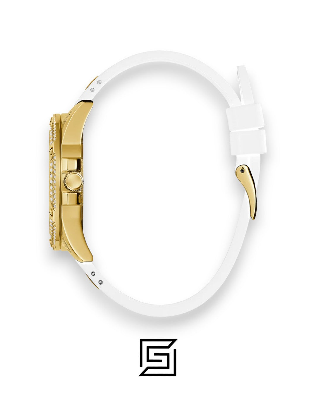 GUESS Ladies Gold Tone Analog Band White Silicone Watch GW0536L2