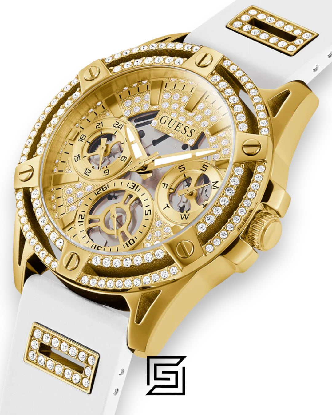 GUESS Ladies Gold Tone Analog Band White Silicone Watch GW0536L2