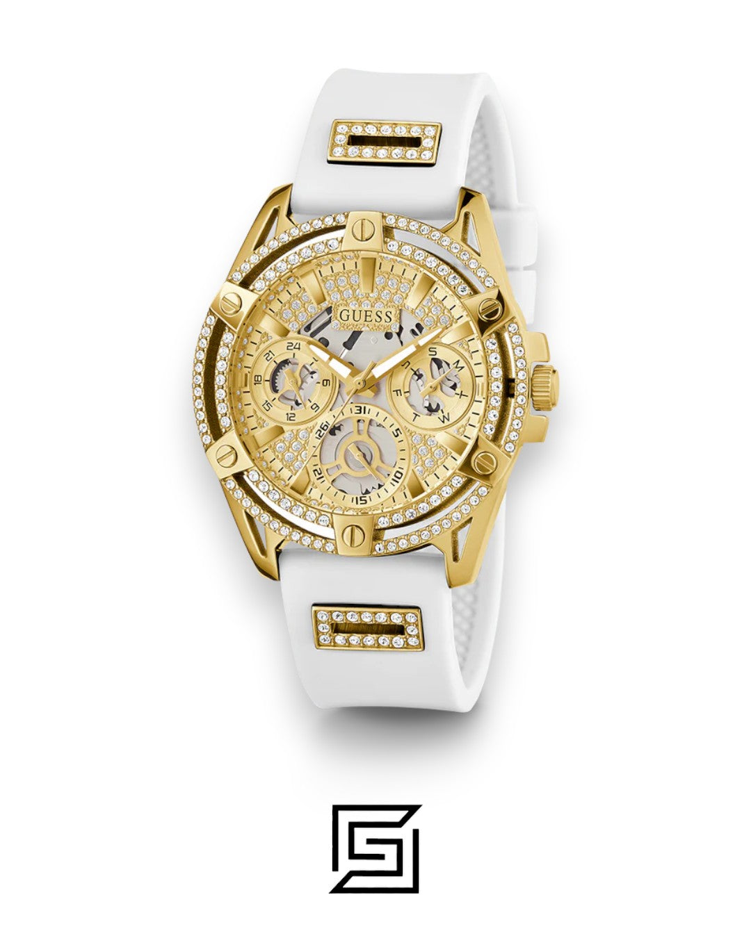 GUESS Ladies Gold Tone Analog Band White Silicone Watch GW0536L2
