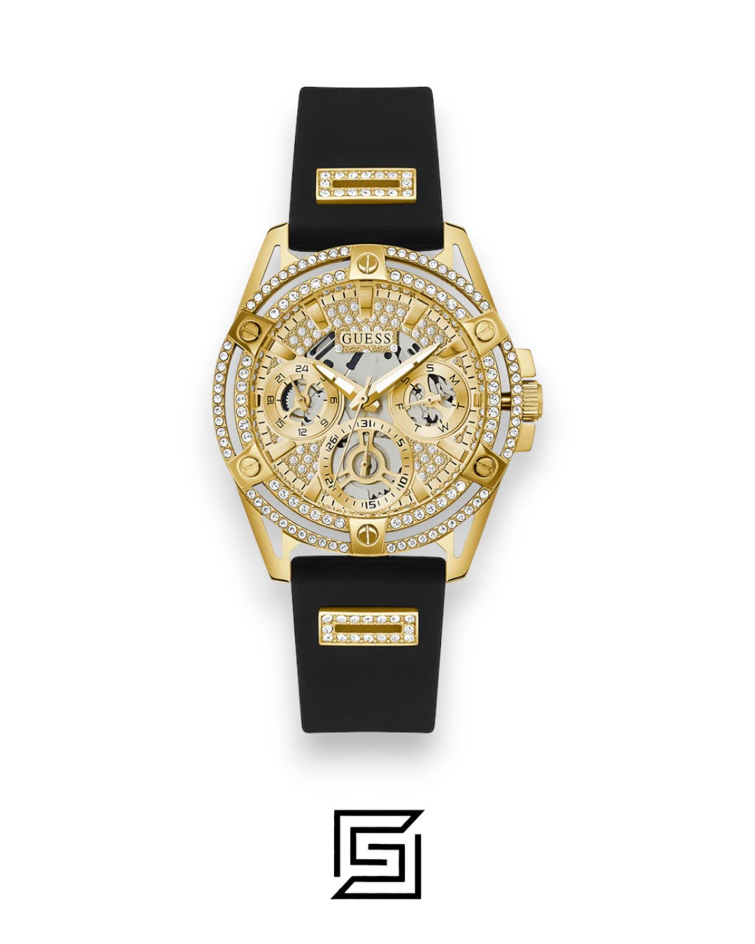 GUESS Ladies Gold Tone Analog Band BLACK Silicone Watch GW0536L3