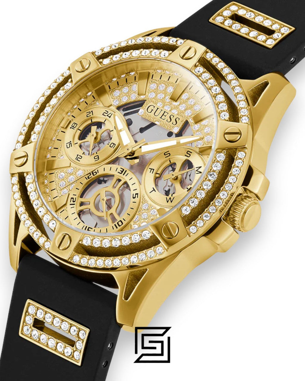 GUESS Ladies Gold Tone Analog Band BLACK Silicone Watch GW0536L3