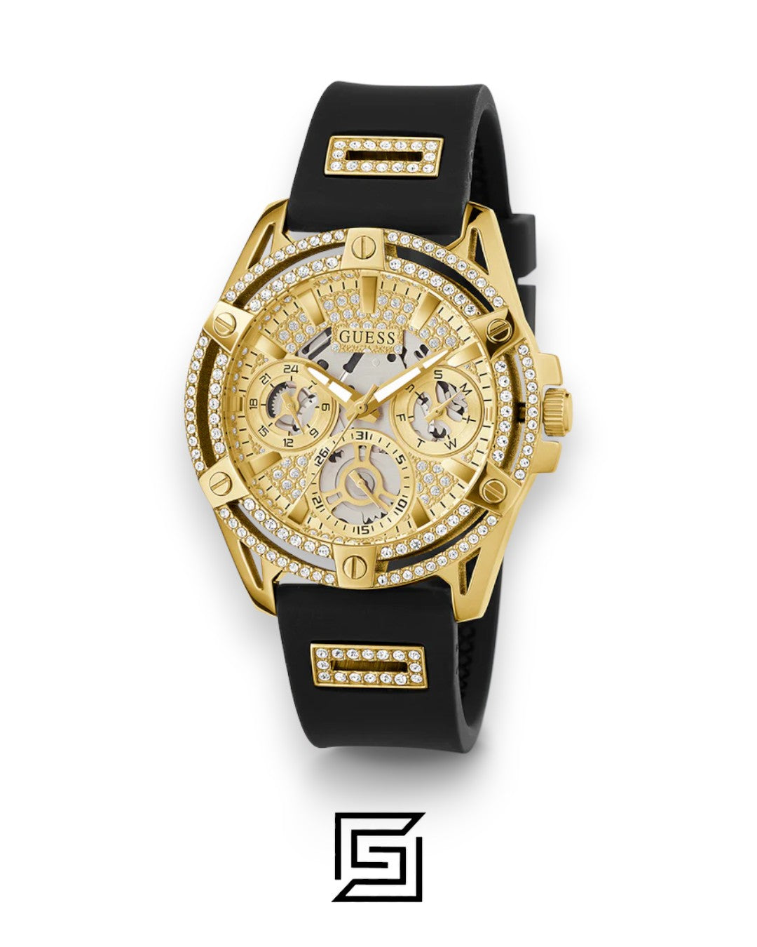 GUESS Ladies Gold Tone Analog Band BLACK Silicone Watch GW0536L3