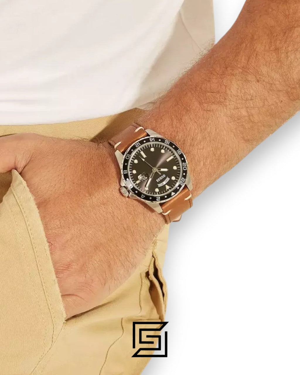 GUESS MEN SILVER Tone Analog Leather Watch GW0221G3