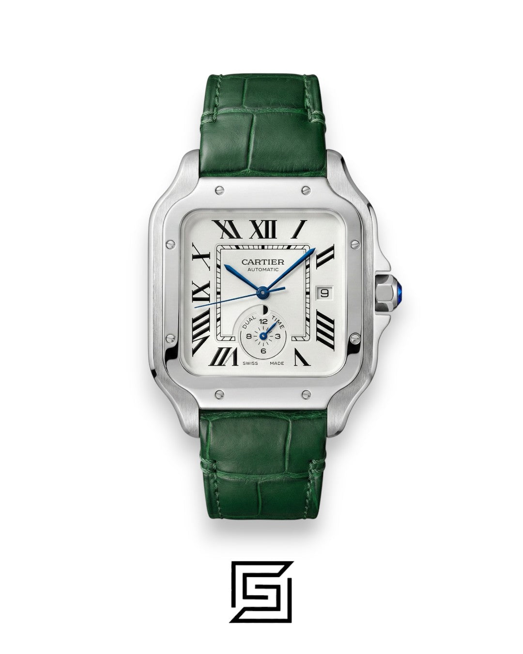 Cartier Santos 3241983 Automatic Dual Time White Roman Dial Green Leather - 47mm