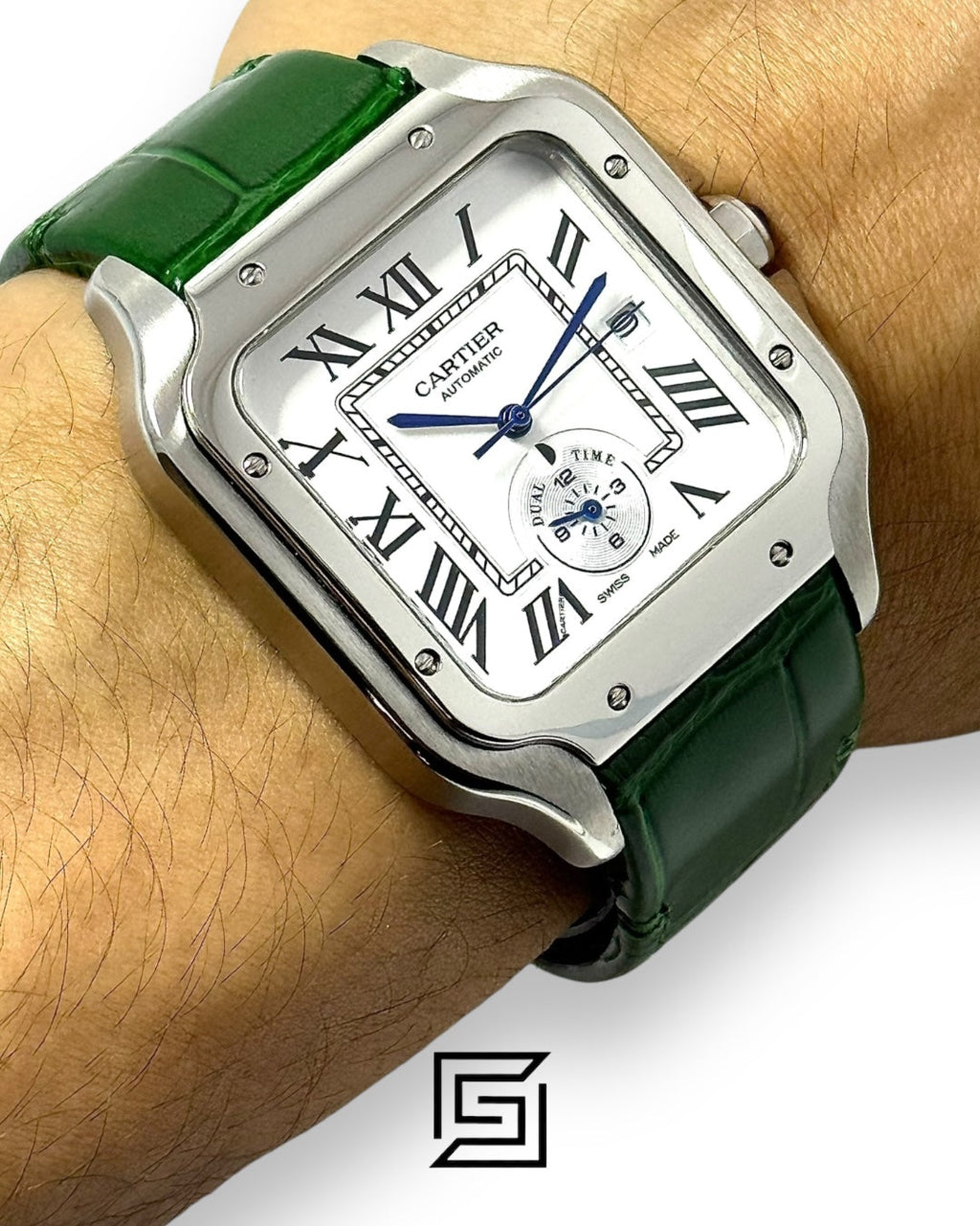 Cartier Santos 3241983 Automatic Dual Time White Roman Dial Green Leather - 47mm