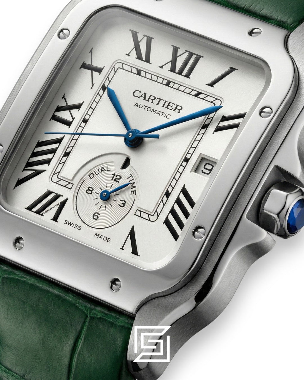 Cartier Santos 3241983 Automatic Dual Time White Roman Dial Green Leather - 47mm