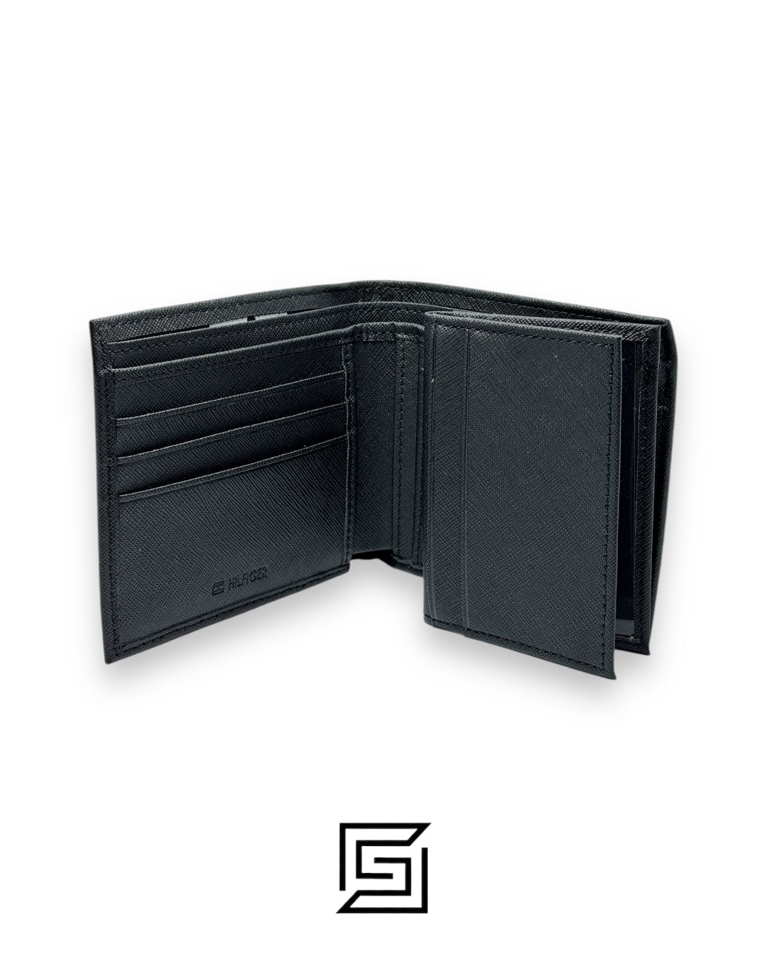 TOMMY SET BELT AND WALLET BLACK WALLET WITH LOGO ON RIGHT SILVER LOGO BLACK BELT