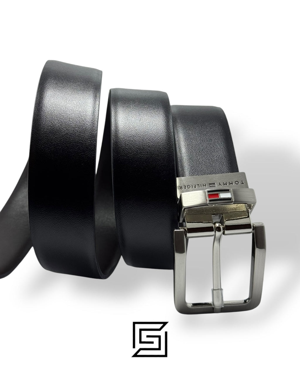 TOMMY SET BELT AND WALLET BLACK WALLET WITH LOGO ON RIGHT SILVER LOGO BLACK BELT