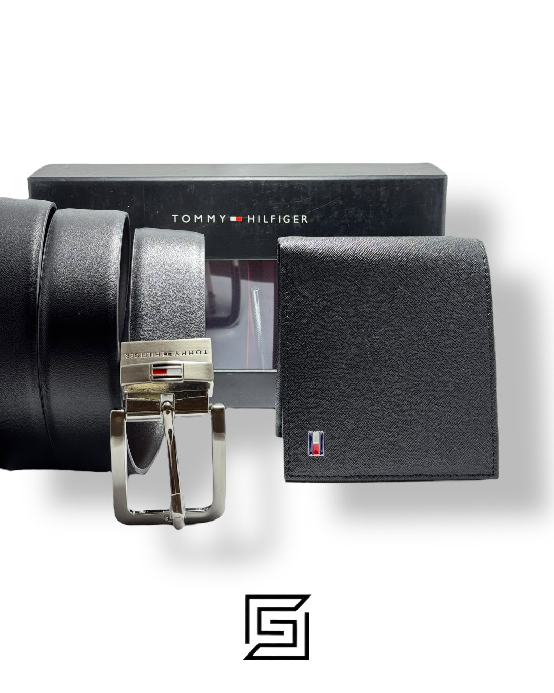 TOMMY SET BELT AND WALLET BLACK WALLET WITH LOGO ON RIGHT SILVER LOGO BLACK BELT
