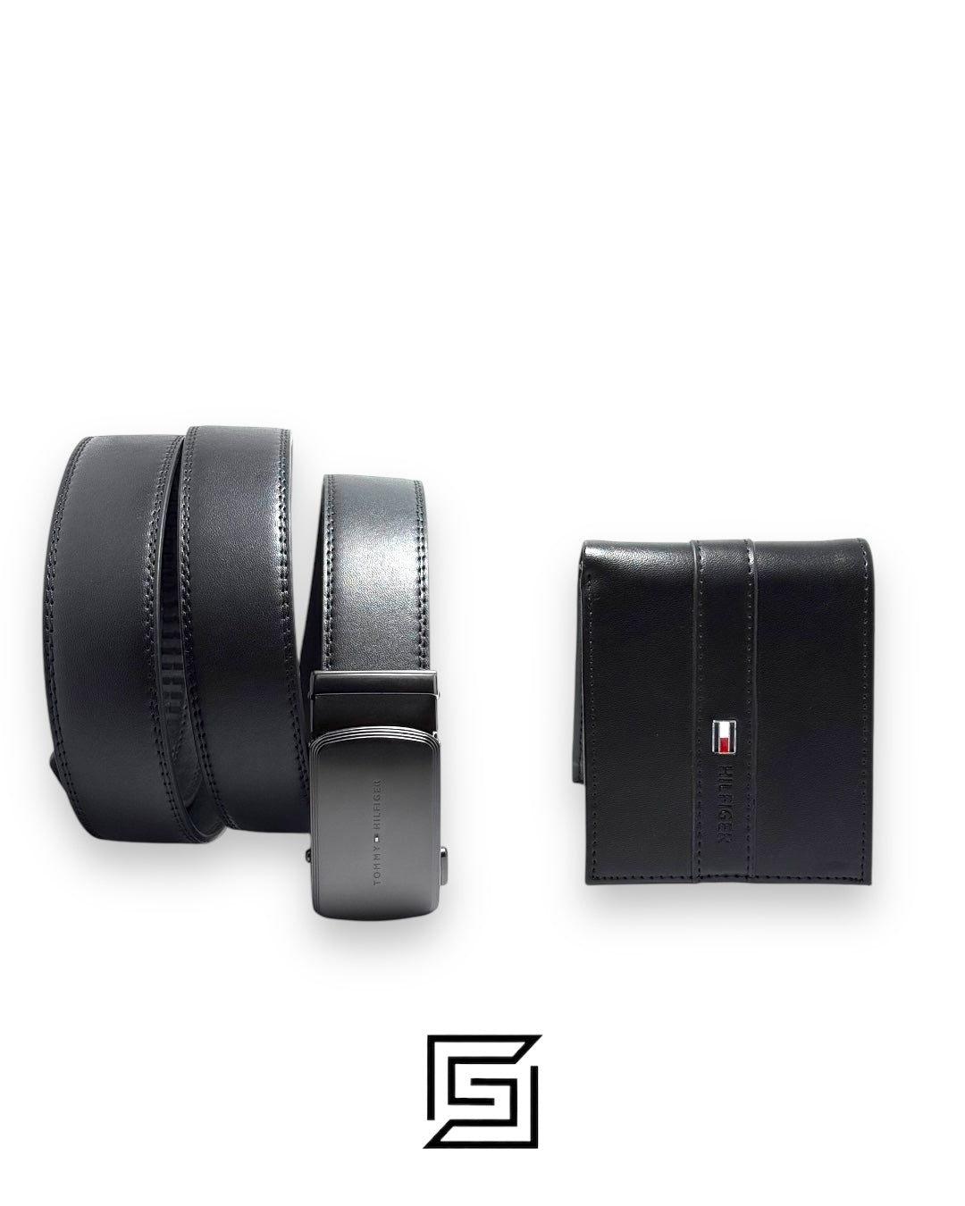 TOMMY SET BELT AND WALLET HILLFIGER HARD LOGO IN MIDDLE BLACK SOLID BELT