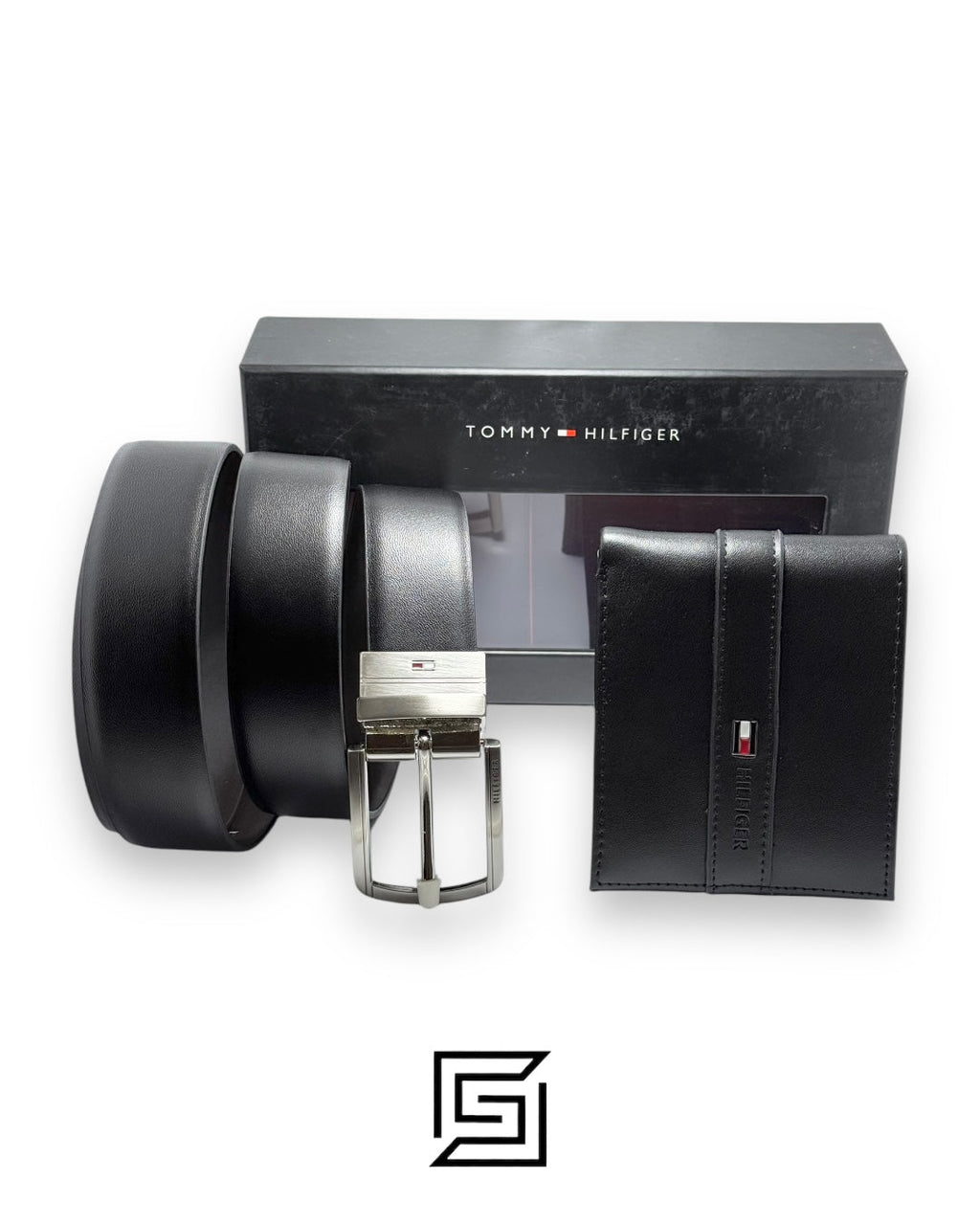 TOMMY SET BELT AND WALLET HILLFIGER HARD LOGO IN MIDDLE SILVER LOGO BLACK BELT