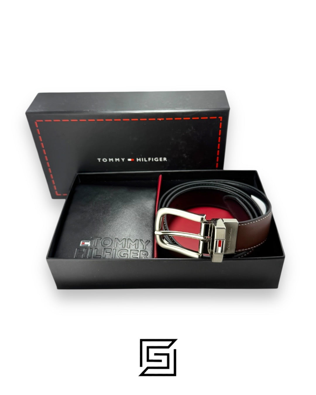 SET BELTS AND WALLET BLACK WALLET WITH TOMMY HILFIGER ON LEATHER BROWN BELT