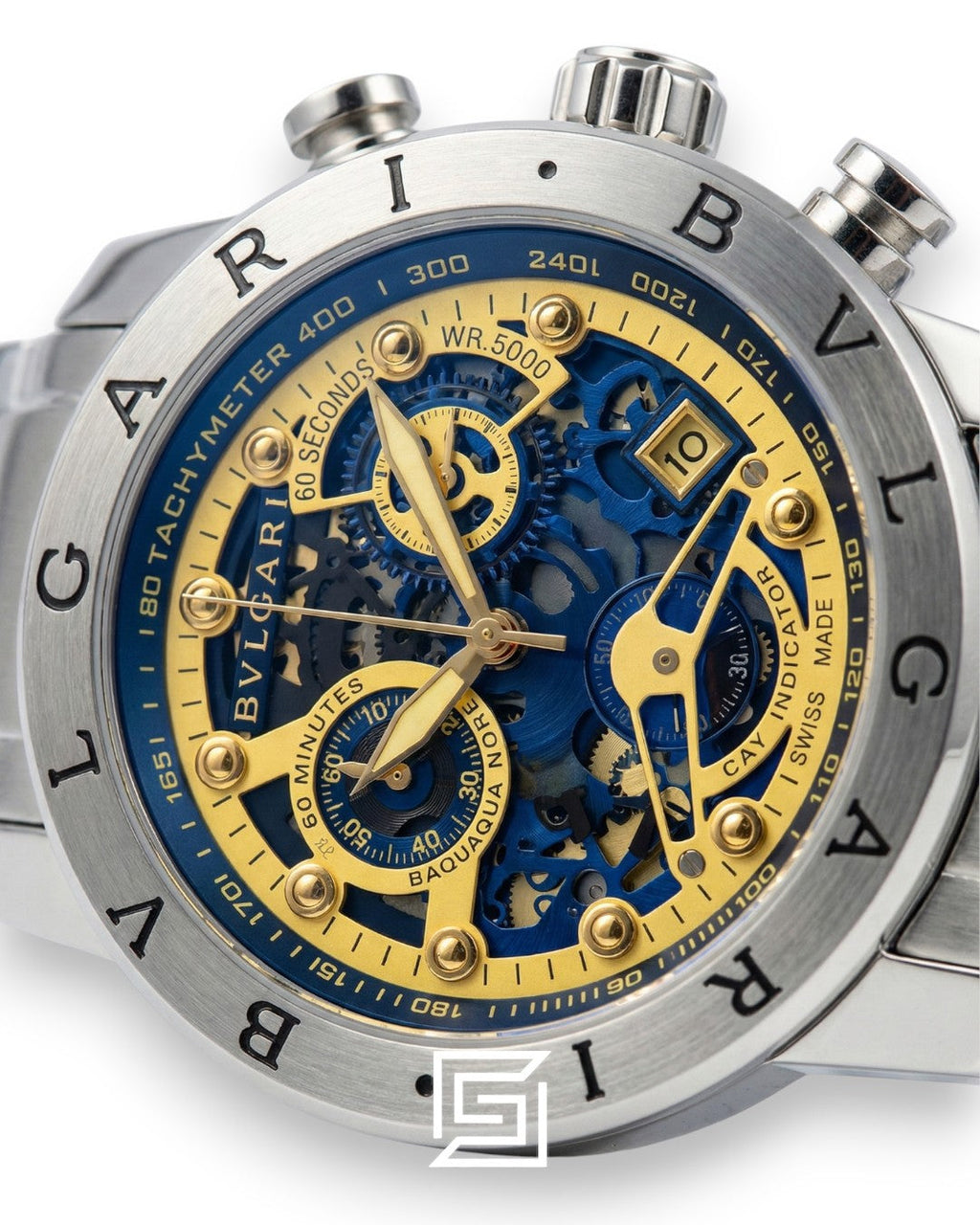 Bvlgari Chronograph Skeleton Black Dial Yellow Reflective Glass Stainless Band Men’s Watch